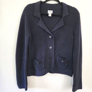 Chico's Button Up Cardigan Sweater Waffle Knit Collar Black 100% Cotton Size 1